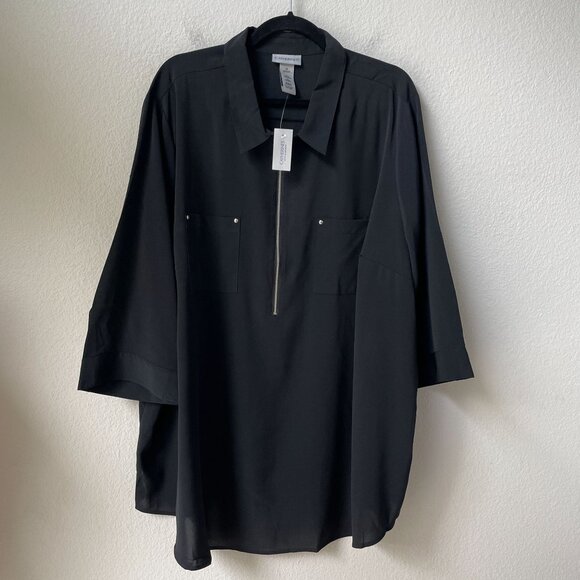 NEW Catherines Womens Plus 3X Black Blouse With Zipper Front & Pockets - Picture 5 of 7